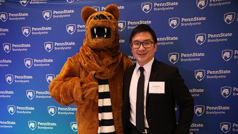 Professor Gordon Lu pictured with Nittany Lion