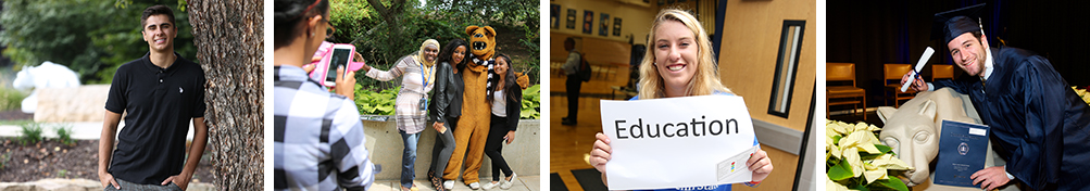 images of Penn State students at commencement, by the lion, and on campus