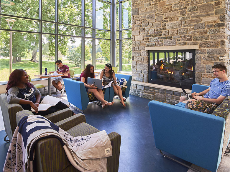 students sitting in the Fireside lounge