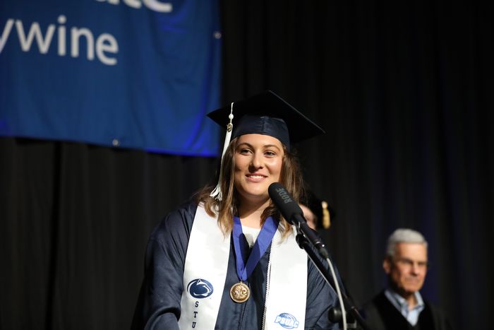 Maddie Malfara speaks at Penn State Brandywine's commencement. 