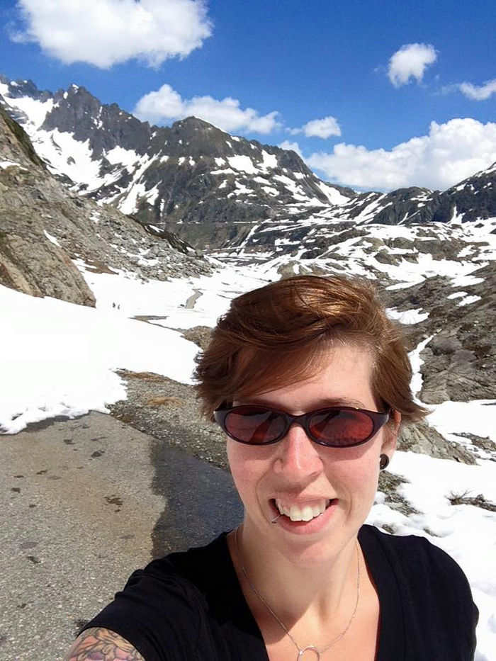 Kelli Volkomer, who will graduate in December with degree in ESP, stops to see the Stein Glacier in the Canton of Bern, Switzerland, during a study abroad trip in 2015.