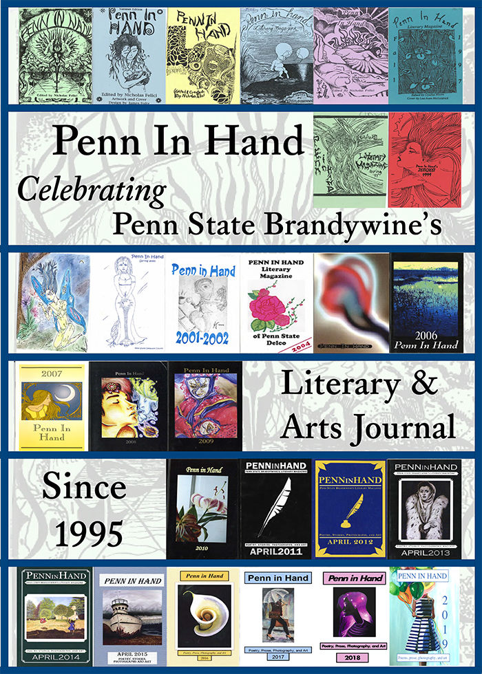 Image of poster that includes covers of twenty-five years of the Penn in Hand magazine.
