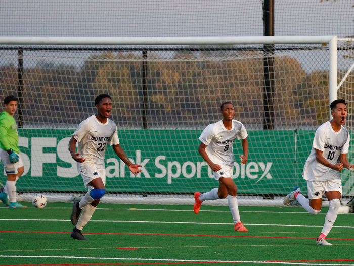 Several men's soccer players celebrate after scoring a goal.