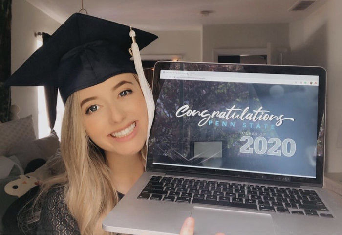 Lauren Burke watching the University’s virtual commencement ceremony