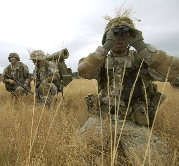 ROTC in a field with binoculars