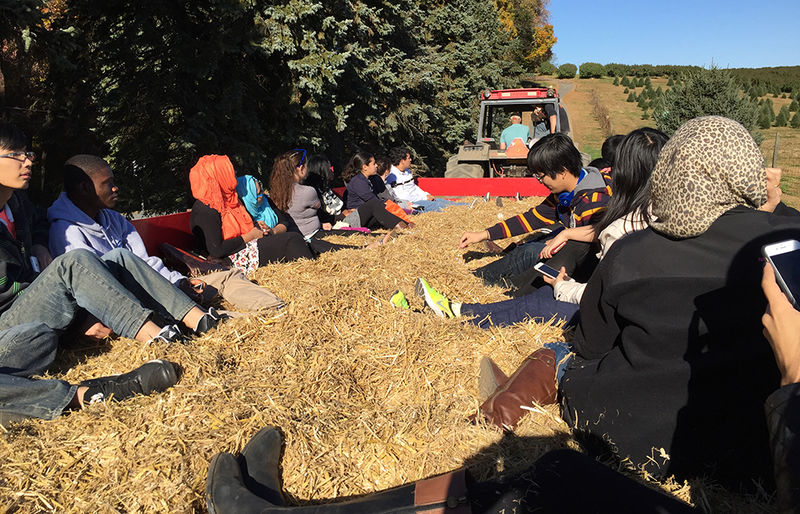 students on hayride