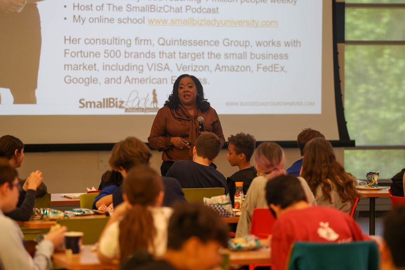 Melinda Emerson speaking with students