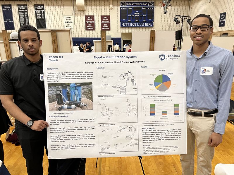 Two students stand next to a poster showing their research.