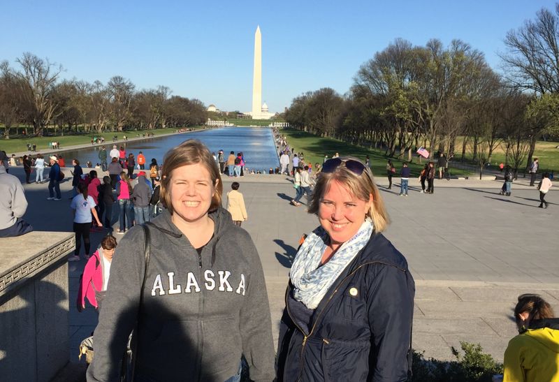 Mrs. Ousey and Mrs. Brown in front of the Washington monument on our D.C. trip.