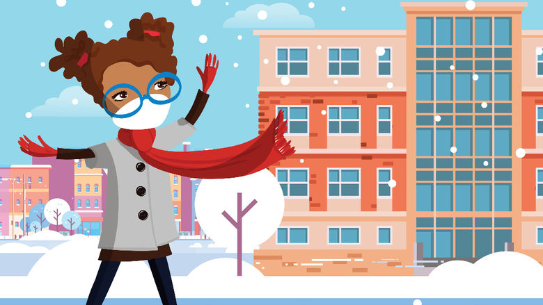 Snowy scene in front of a residence hall