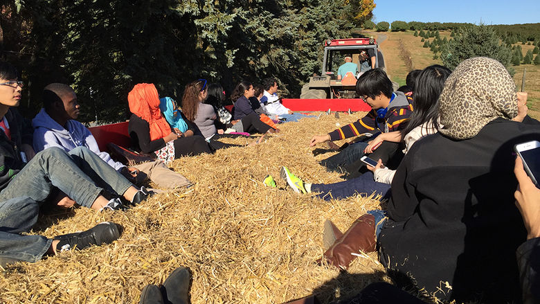 students on hayride