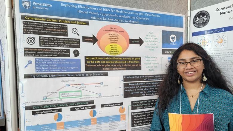 A female students stands in front of a research poster.