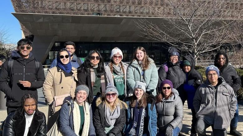 Students in front of the National Museum of African American History and Culture in Washington DC