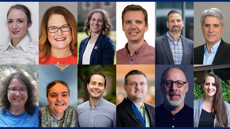 The 2023-24 Teaching and Learning Technologies Faculty Advisory Committee members are (clockwise from top left): Agnes Kim, Dawn Pfeifer Reitz, Emily Rimland, Joe Bueter, John Haubrick, Larry Musolino, Tiffany Petricini, Stuart Selber, Ryan Solnosky, Noel Habashy, Mary Ann Smith, and Laura Guertin. 