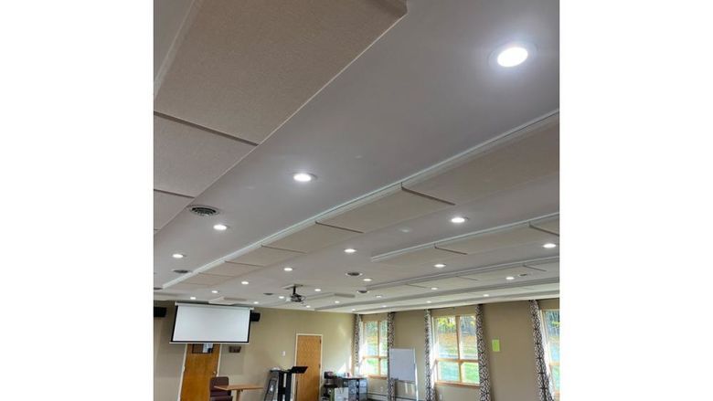 photo of new sound absorption panels on the ceiling in the church's common room