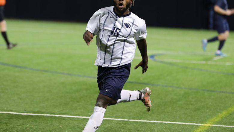 Francis Sarpong celebrates scoring a goal in the conference championship match
