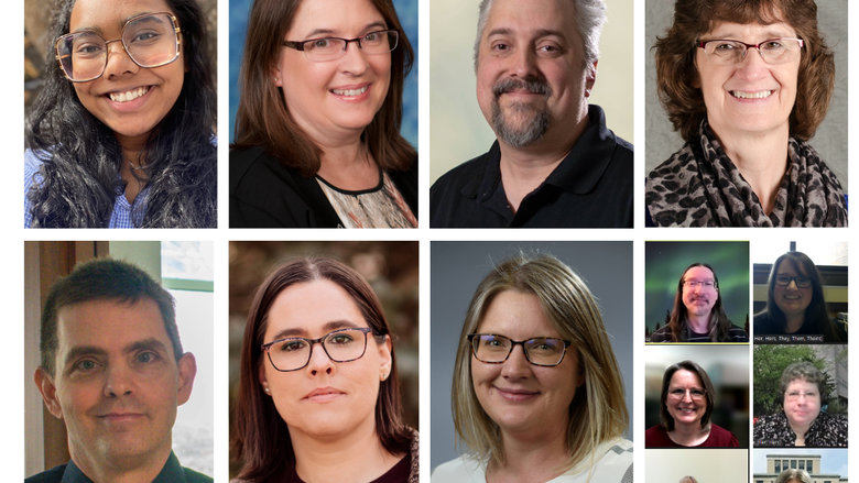 photo collage of 13 individual photo portraits with 2 white men 10 white women 1 woman of color