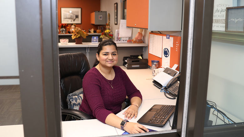 Maryam Khan in Penn State Brandywine's IT office. 