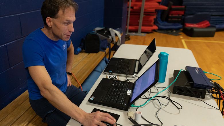 Penn State Brandywine's Tim Niiler using software to capture motion. 