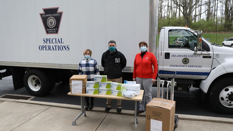 Chancellor Marilyn Wells presented the personal protective equipment to Emergency Services Director Tim Boyce and Delaware County Council Member Christine Reuther. 