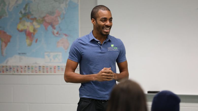 Markevis Gideon speaking to students.