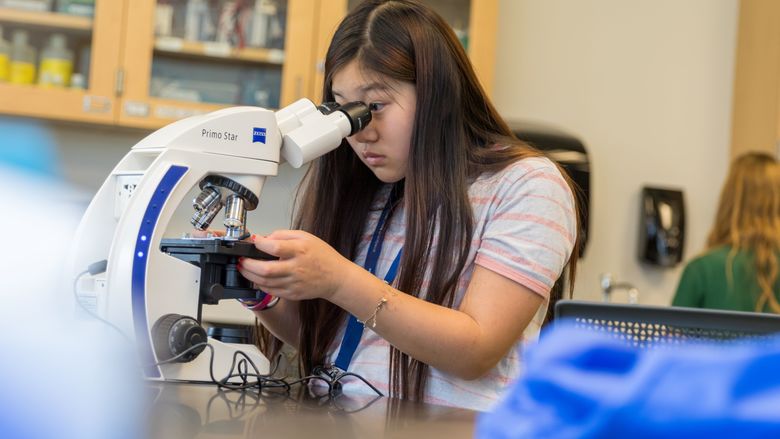 Girl looking through microscope 