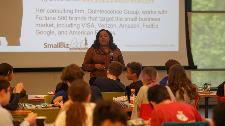 Melinda Emerson speaking with students