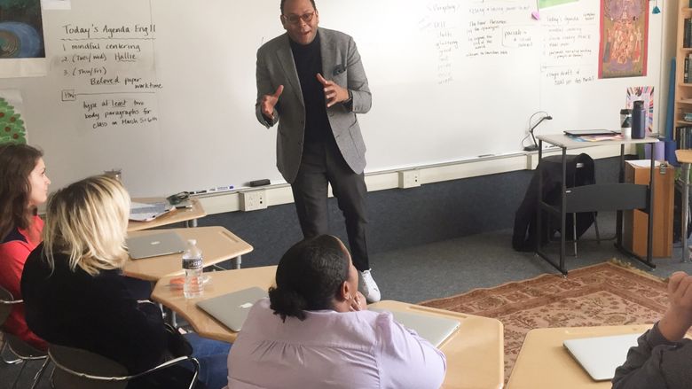 Jeremy Branch talking to high school students.