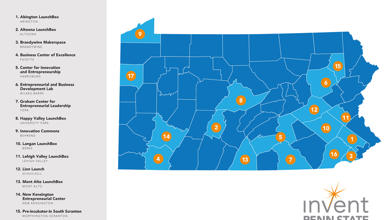 Map of 17 sites of Invent Penn State Innovation Hubs