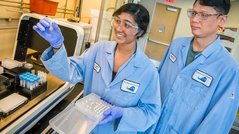 Gurunathan works in the lab at Lawrence Berkeley National Lab in Berkeley, California, as part of her summer research internship. 