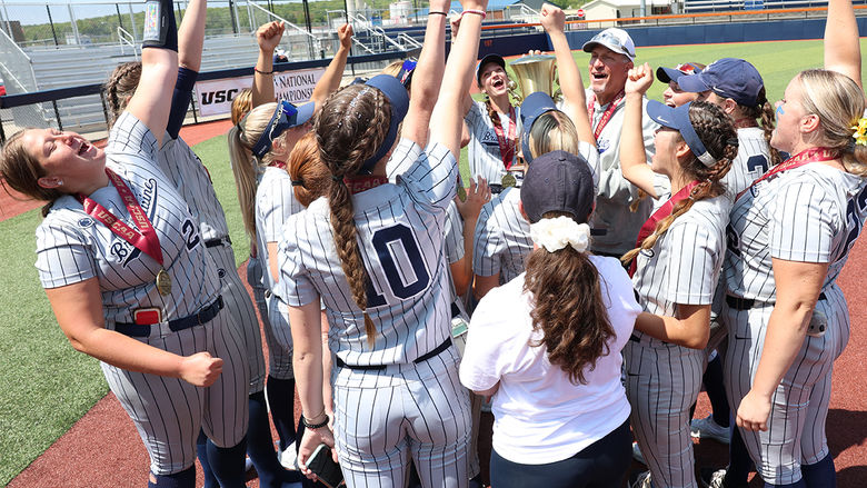 The 2023 Penn State Brandywine softball team celebrates its first-ever national championship