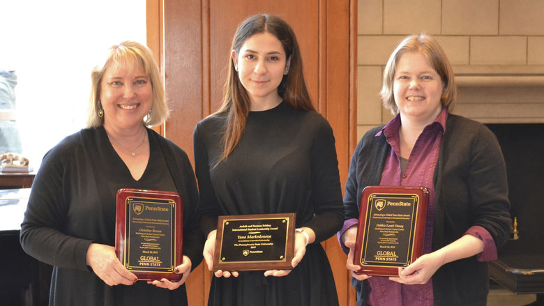 Debbie Lamb Ousey, Christine Brown and Yana Markedonova of Penn State Brandywine received the University’s Outstanding Leadership in International Education award.  
