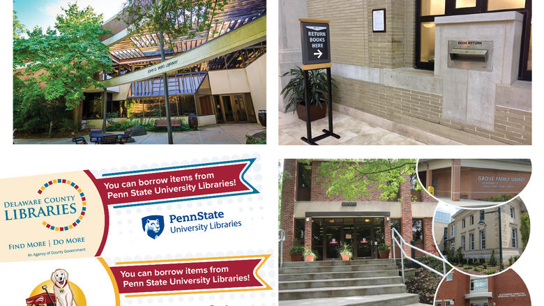 Four photos depict 3 campuses that have reciprocal agreements with their community libraries, as well as promotional materials for those agreements.