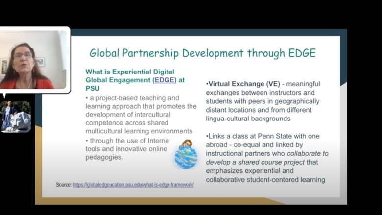 A screen shot of an online presentation about Penn State's global engagement program with a woman pictured in the inset.