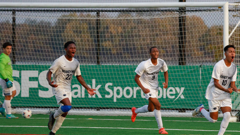Several men's soccer players celebrate after scoring a goal.