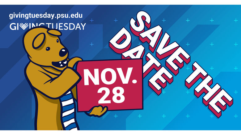 GivingTuesday graphic, "Save the Date" in the background with lion holding card that says "Nov. 28"