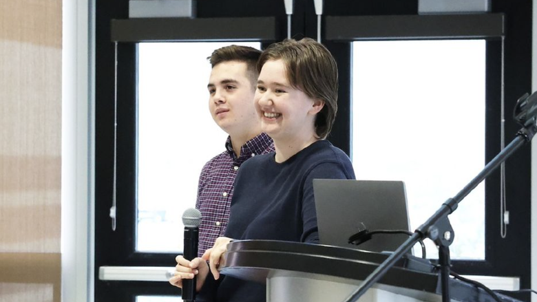 Cortez Catalano and Gracie Guerin speaking in the Tomezsko Lounge
