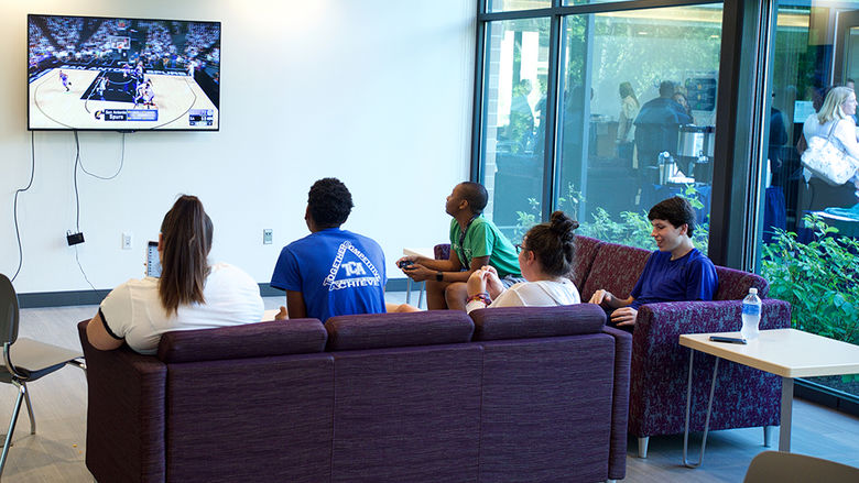 students watching TV in the lounge
