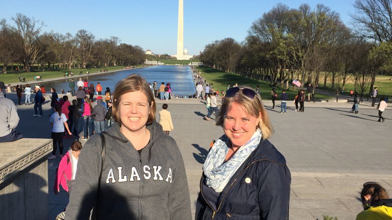 Mrs. Ousey and Mrs. Brown in front of the Washington monument on our D.C. trip.