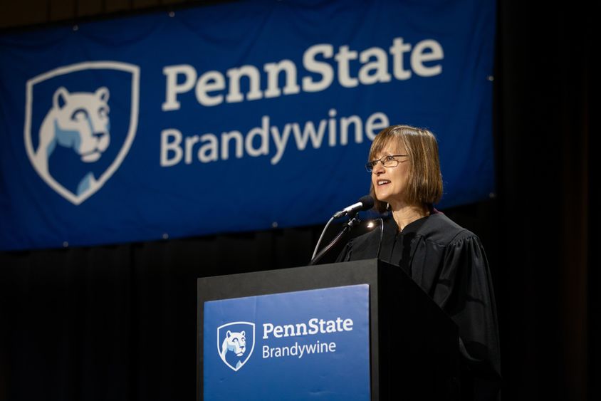 Elizabeth Killough speaking at Penn State Brandywine's commencement ceremony.