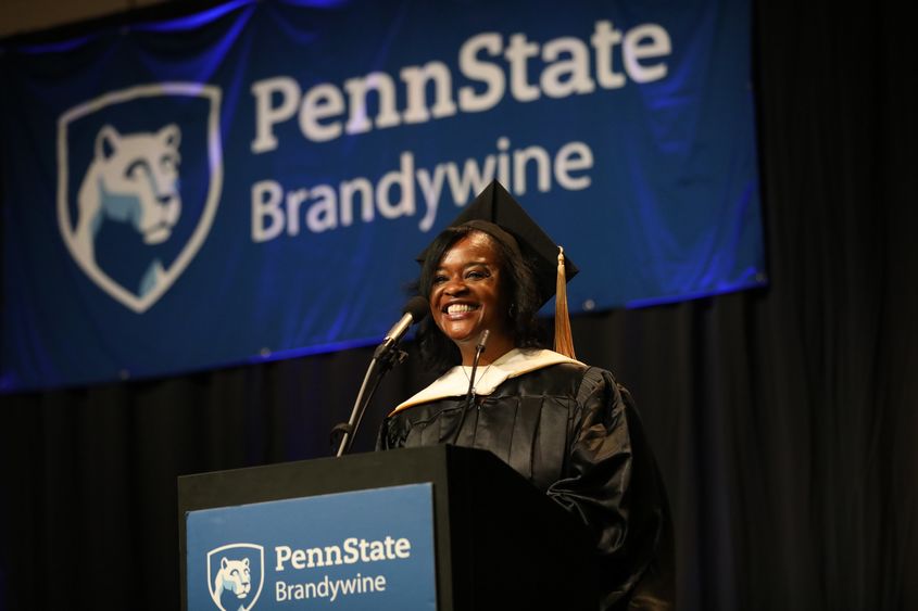 Karen McClendon speaks at Penn State Brandywine's commencement.
