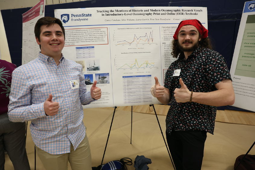 Two men giving thumbs up in front of research poster