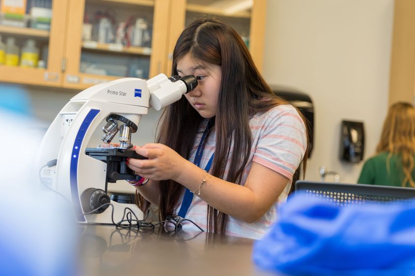 Girl looking through microscope