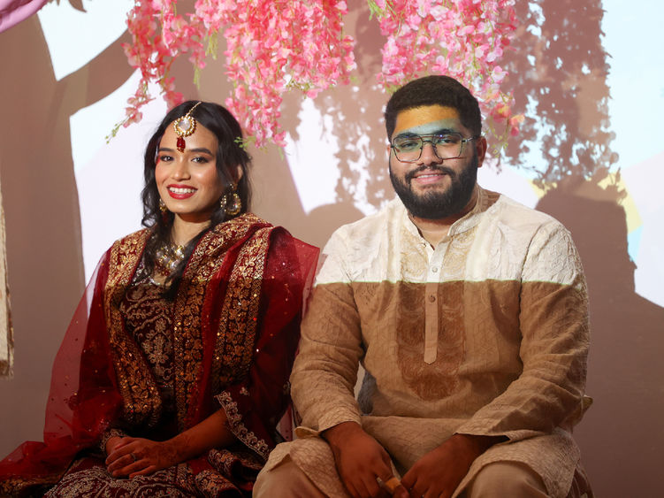 Shawlen Nahar and Faisal Rashidi as bride and groom at mock South Asian wedding