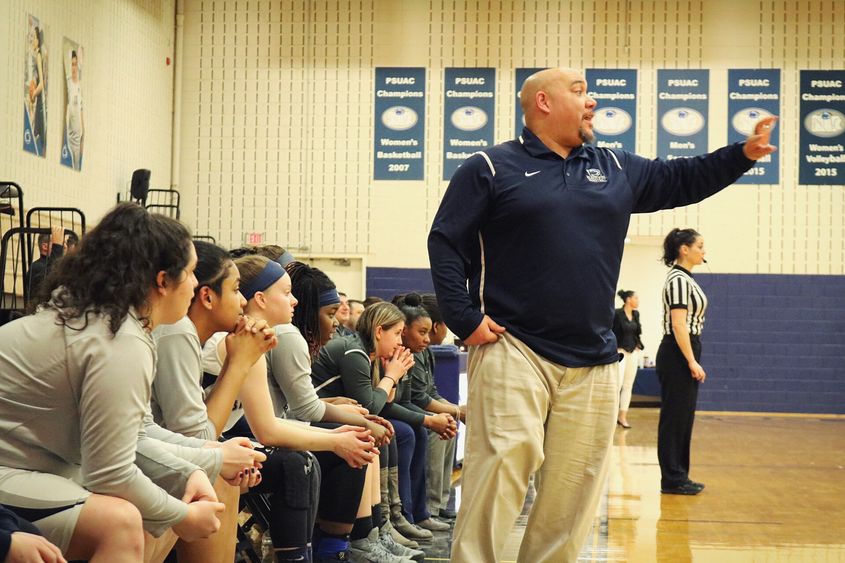Brandywine women’s basketball Head Coach Larry Johnson on the side line during a game.