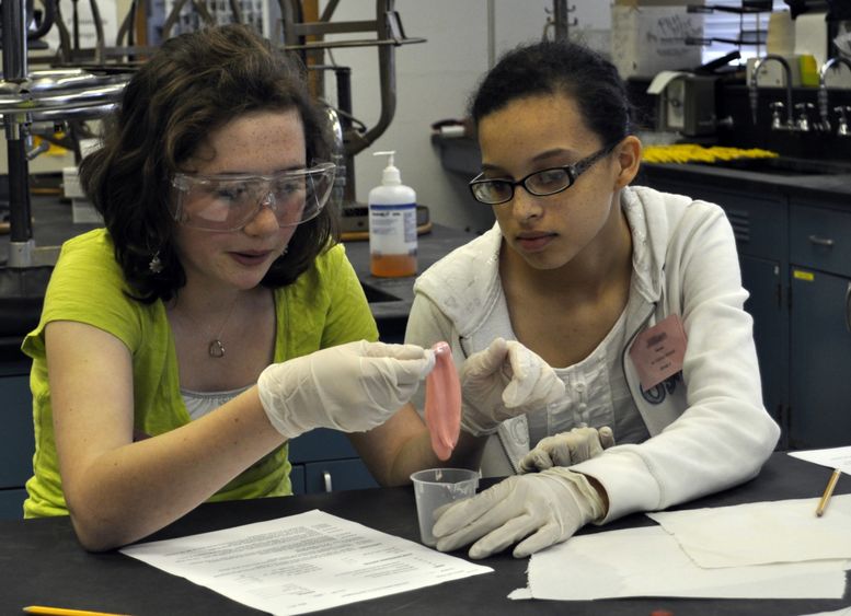 Two middle school girls take science class