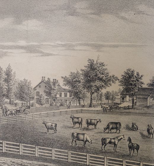 Illustration of the Pratt farm from an 1875 atlas of Delaware County.