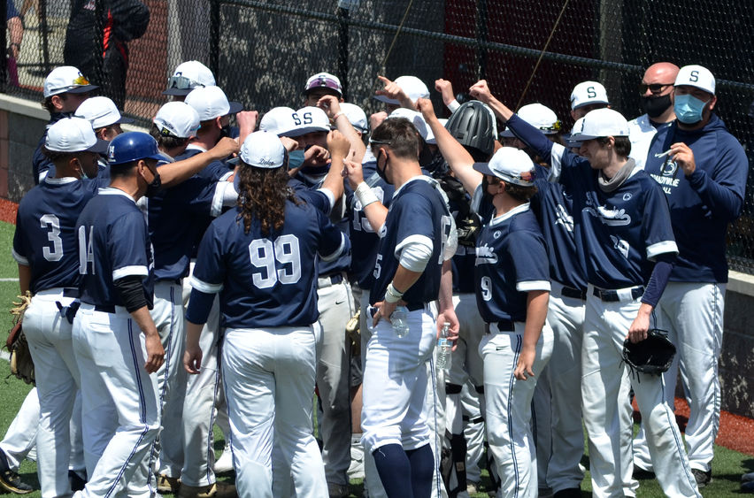 The Brandywine baseball team huddles prior to its first-ever USCAA World Series game.