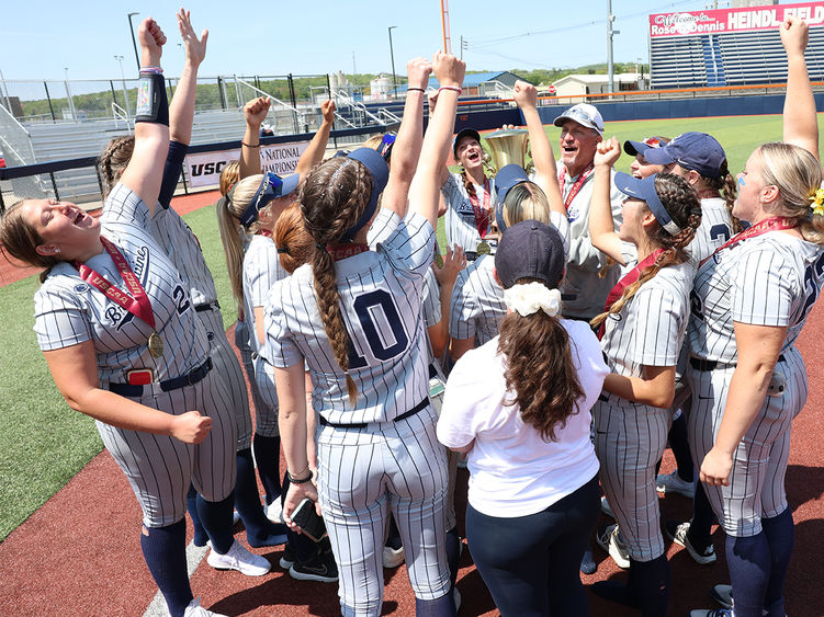 The 2023 Penn State Brandywine softball team celebrates its first-ever national championship