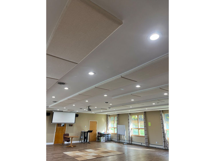 photo of new sound absorption panels on the ceiling in the church's common room